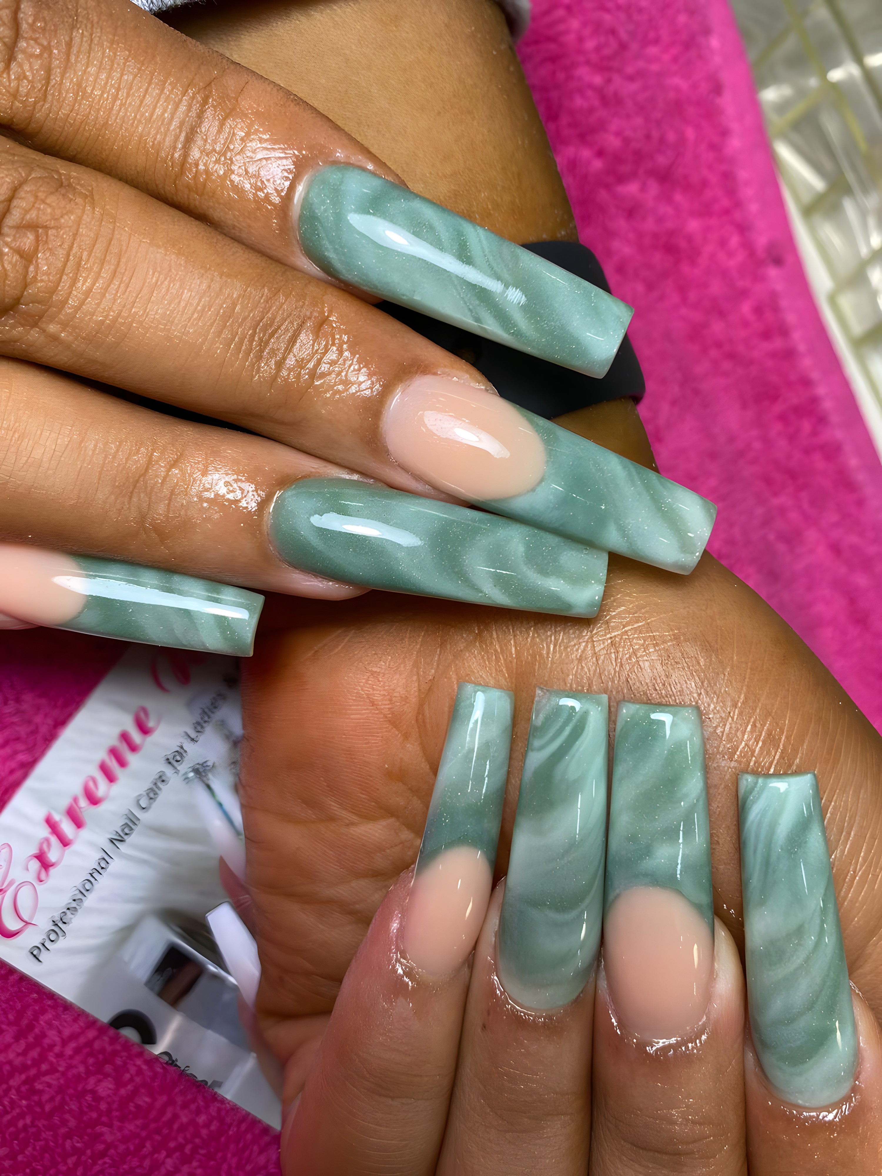 Sage-green marble coffin nails hand-painted at Extreme Nails, Hoxton